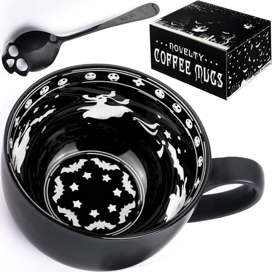 Christmas Gifts, Nightmare Midnight Skull Coffee Mugs with Spoons, Halloween Birthday White Elephant Weird Gifts for Women Men Girl Friends, Halloween Spooky Witchy Gothis Decor Horror Novelty Tea Cup