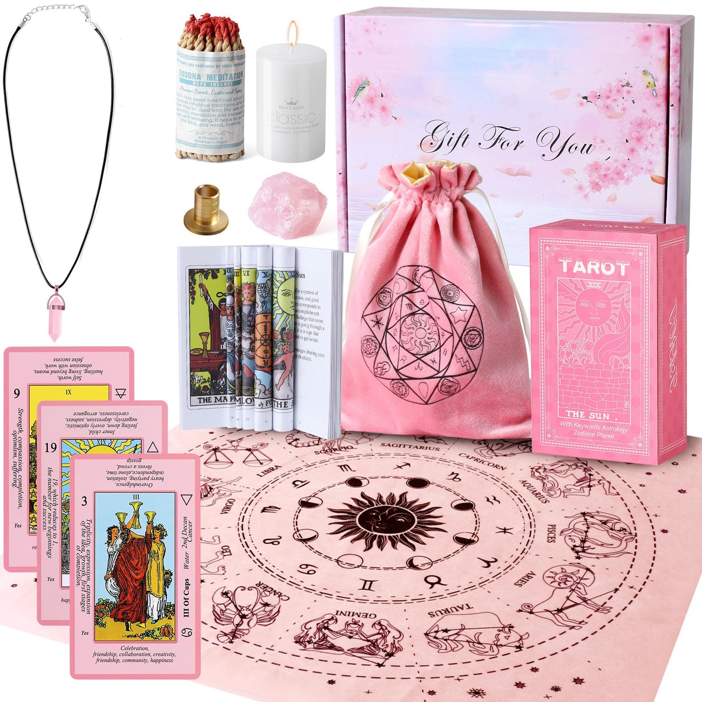 Myripoly Tarot Cards Set with Meanings on Them-Beginner Tarot Deck Set-Tarot Spread Cloth,Velvet Pouches-Tarot Cards for Beginners Crystal-Rope Satya Incense